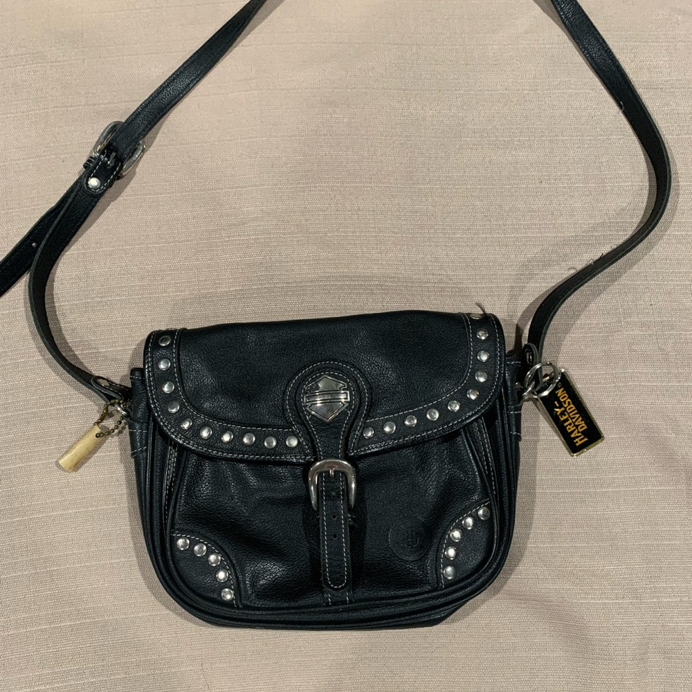 Vintage Harley-Davidson Black Crossbody Bag with Silver Details